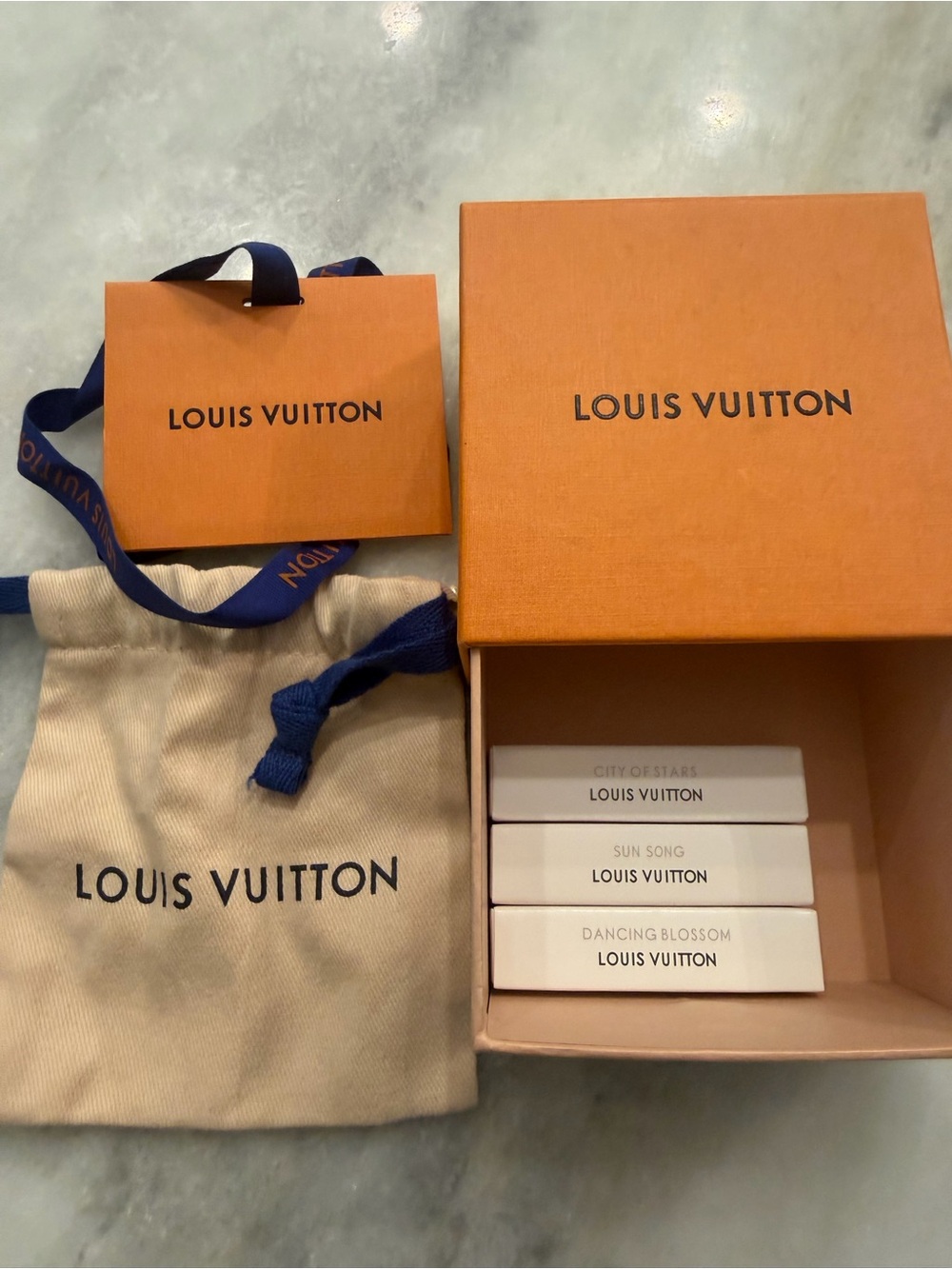Louis Vuitton Beige Drawstring Pouch with Orange Box Bundle